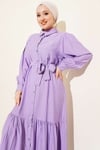Boydan Düğmeli Volanlı Kuşaklı Elbise Lila
