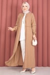 Boydan Fermuarlı Tesettür Ferace  Camel