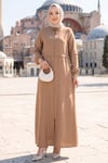Boydan Fermuarlı Tesettür Ferace  Camel