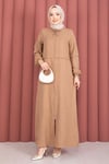Boydan Fermuarlı Tesettür Ferace  Camel