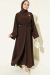 Broş Aksesuarlı Abaya Takım Kahve