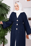 Broş Düğme Detaylı Kot Kimono Lacivert