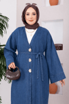 Broş Düğme Detaylı Kot Kimono Mavi
