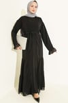 Büzgü Detaylı Katlı Abaya Takım Siyah
