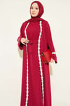 Çiçek Motifli Kuşaklı Abaya Bordo
