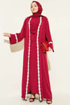 Çiçek Motifli Kuşaklı Abaya Bordo