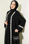 Çiçek Motifli Kuşaklı Abaya Siyah