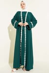 Çiçek Motifli Kuşaklı Abaya Zümrüt