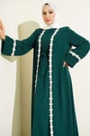 Çiçek Motifli Kuşaklı Abaya Zümrüt