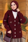 Çiçek Nakışlı Düğmeli Triko Hırka Bordo