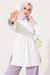 Çizgi Gömlek Garnili Basic Tunik Ekru
