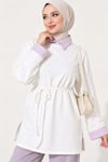 Çizgi Gömlek Garnili Basic Tunik Ekru