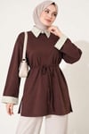 Çizgi Gömlek Garnili Basic Tunik Kahve