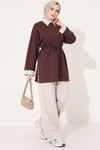 Çizgi Gömlek Garnili Basic Tunik Kahve