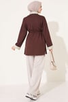 Çizgi Gömlek Garnili Basic Tunik Kahve