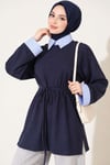 Çizgi Gömlek Garnili Basic Tunik Lacivert