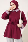 Çizgi Gömlek Garnili Basic Tunik Mürdüm