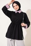 Çizgi Gömlek Garnili Basic Tunik Siyah