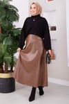 Deri Etek Crop Triko Kazak Takım Kahve