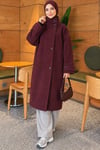 Dik Yaka Düğmeli Oversize Kaşe Kaban Bordo