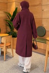 Dik Yaka Düğmeli Oversize Kaşe Kaban Bordo