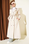 Düğmeli Kuşaklı Deri Trençkot Krem