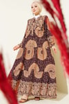 Etnik Motif Desen Hakim Yaka Elbise Bordo