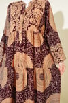 Etnik Motif Desen Hakim Yaka Elbise Bordo