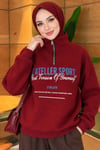 Fermuarlı Üç İplik Baskılı Sweatshirt Bordo