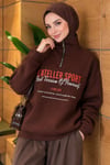 Fermuarlı Üç İplik Baskılı Sweatshirt Kahve