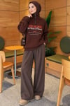Fermuarlı Üç İplik Baskılı Sweatshirt Kahve