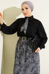 Fularlı Retro Desen Şifon Etekli Takım Siyah