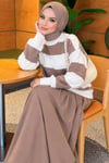Geniş Yatay Çizgili Şardonlu Sweatshirt Vizon