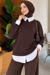 Gömlek Garnili Basic Tunik Kahve