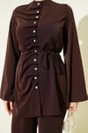 İnci Düğmeli Pens Detaylı İkili Takım Kahve