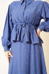 Kabartma Desen İp Kuşak Etekli Takım İndigo