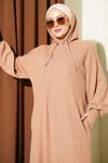 Kapüşonlu Cepli Örme Elbise Camel
