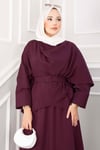 Kemerli Asimetrik Bluz - Etek Takım Mürdüm
