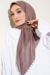 Kenarları Boncuk İşlemeli Yazma Eşarp Soft Kahve