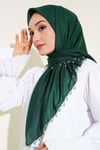 Kenarları Boncuk İşlemeli Yazma Eşarp Zümrüt Yeşili