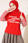 Kol Çizgili Baskılı Sweatshirt Kırmızı