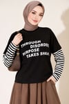 Kol Çizgili Baskılı Sweatshirt Siyah