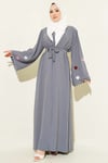 Kolları Çiçek Nakışlı Abaya Gri
