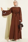 Kolları Çiçek Nakışlı Abaya Kahve