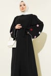 Kolları Çiçek Nakışlı Abaya Siyah