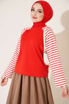 Kolları Çizgili Basic Sweatshirt Kırmızı