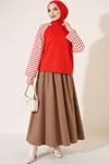 Kolları Çizgili Basic Sweatshirt Kırmızı
