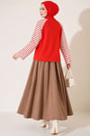 Kolları Çizgili Basic Sweatshirt Kırmızı