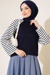 Kolları Çizgili Basic Sweatshirt Lacivert