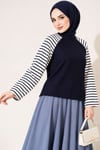 Kolları Çizgili Basic Sweatshirt Lacivert